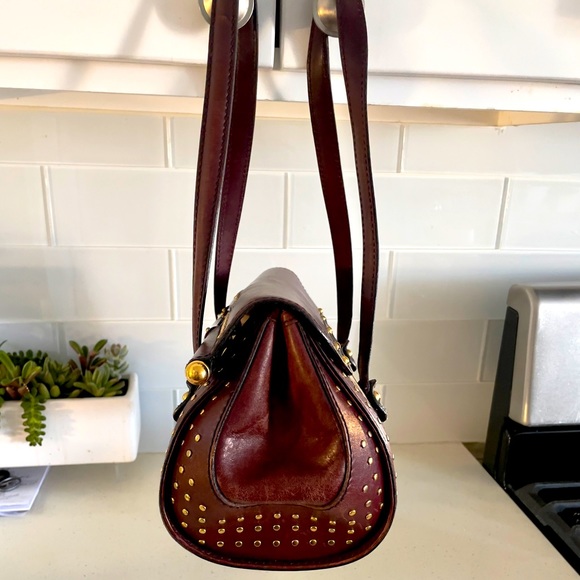 VINTAGE STUDDED BORDEAUX GUCCI BAMBOO BULLET BAG w/ BRASS HARDWARE & ACCENTS - Picture 5 of 12